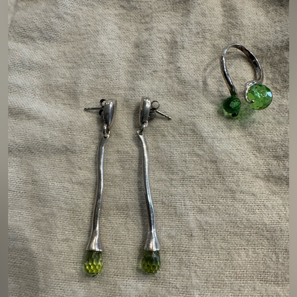 Silver and Green Stone earrings and ring set